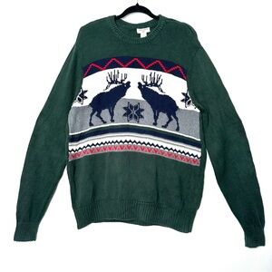 Vintage Dockers Forest Green Moose Fair Isle Knit Sweater Rustic Cabincore Cozy